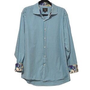 Cigar Couture Mens Blue Gingham Check Floral Trim Cotton Button Down Shirt L